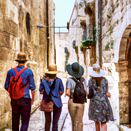 A group of tourists exploring a narrow, ancient alley in Jerusalem.