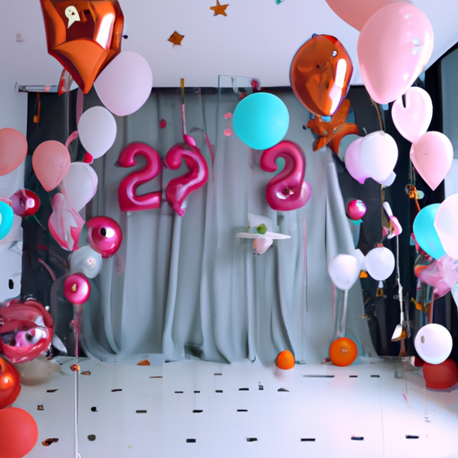 3. תמונה של חדר מעוצב להפליא מלא בבלונים וכרזות יום הולדת, מוכן לצילומי הפתעה.