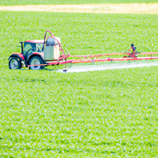 חקלאי מרסס חומרי הדברה כימיים על שדה גידולים עצום, מדגיש את השימוש הרב בכימיקלים בהדברה.
